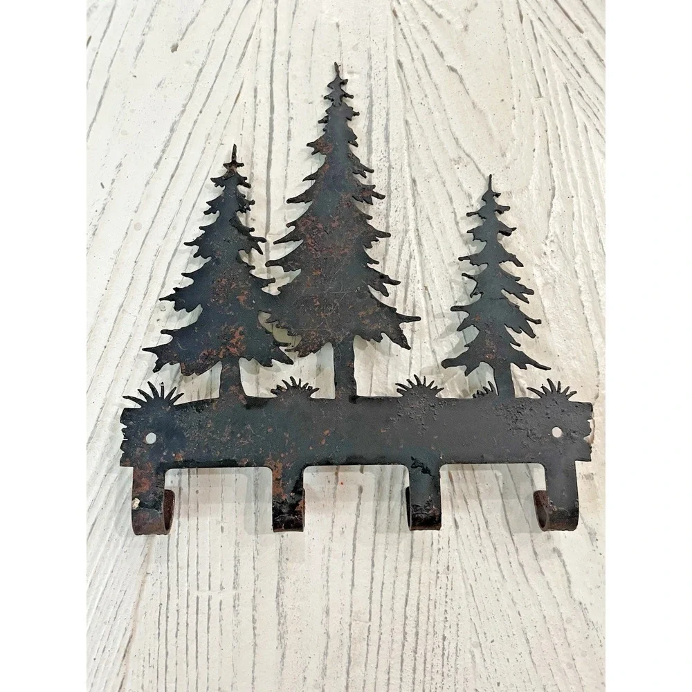Rustic Cabin Decor Metal Tree Forest Wall Mounted Hook 4 Hooks Keys Leash Holder